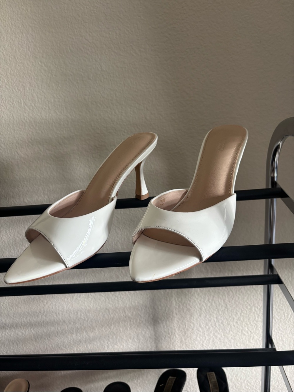 White Patent Open-Toe Mule Heels with Curved Stiletto
